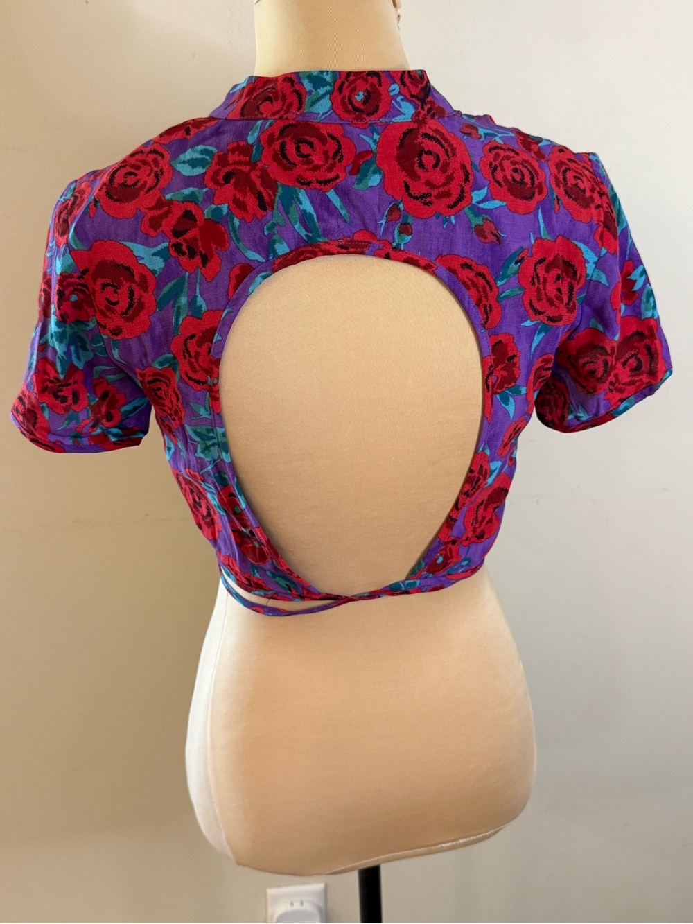 Zara whimsical floral wrap crop top open back purple red SZ SM